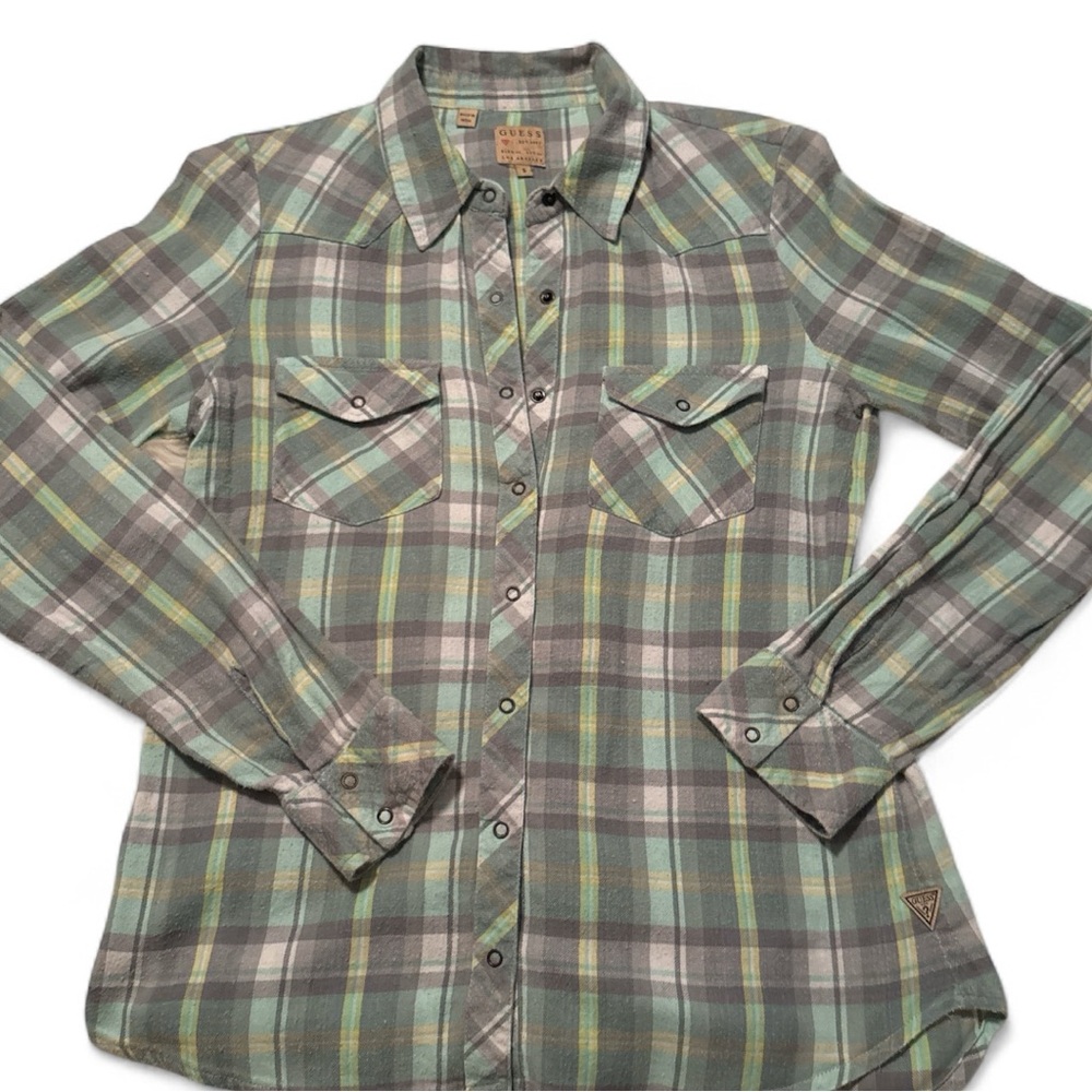Guess Green and Gray Plaid Shirt